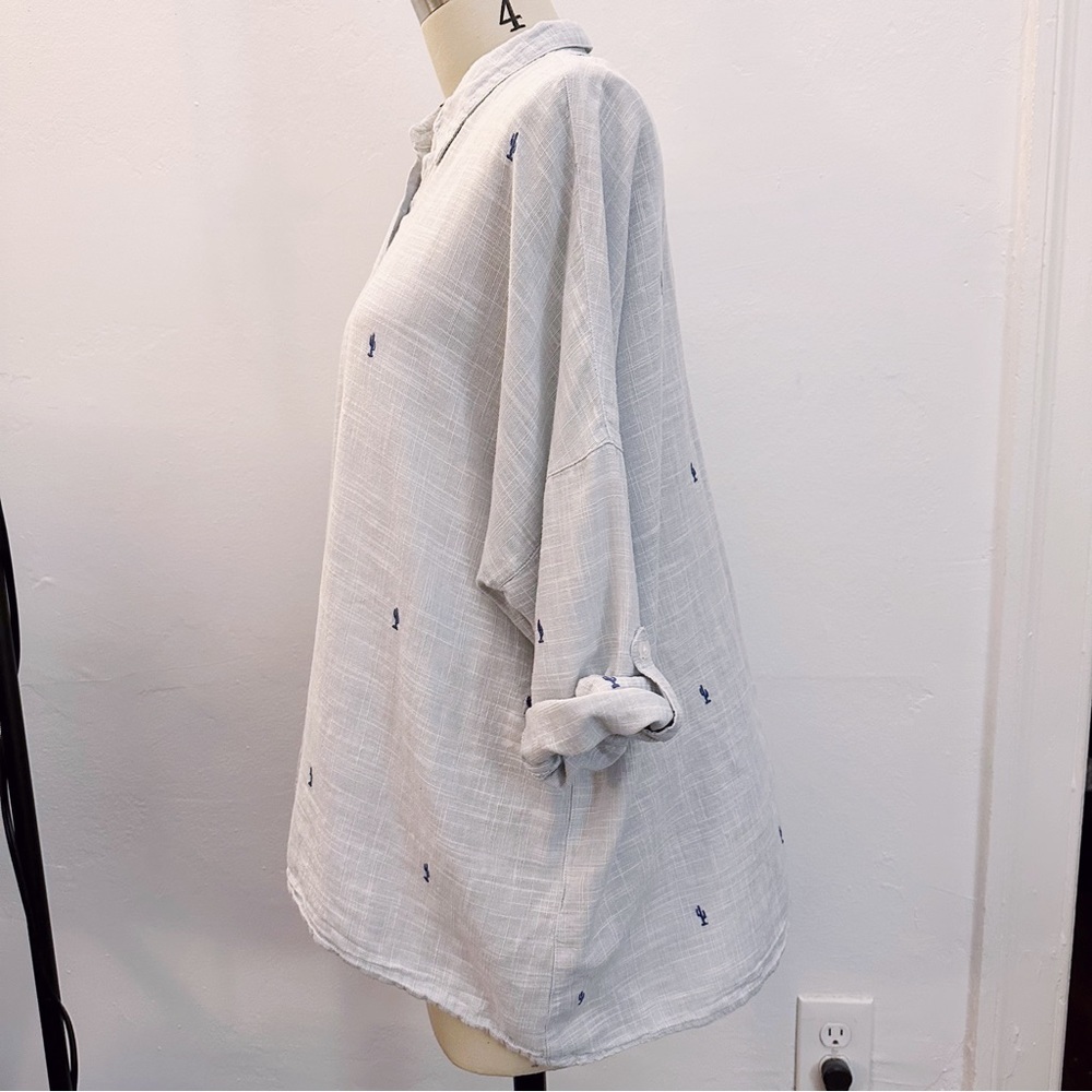 Zara Basic Button Down Cactus Embroidered Long Sleeve Top Woven Blouse - Picture 4 of 7